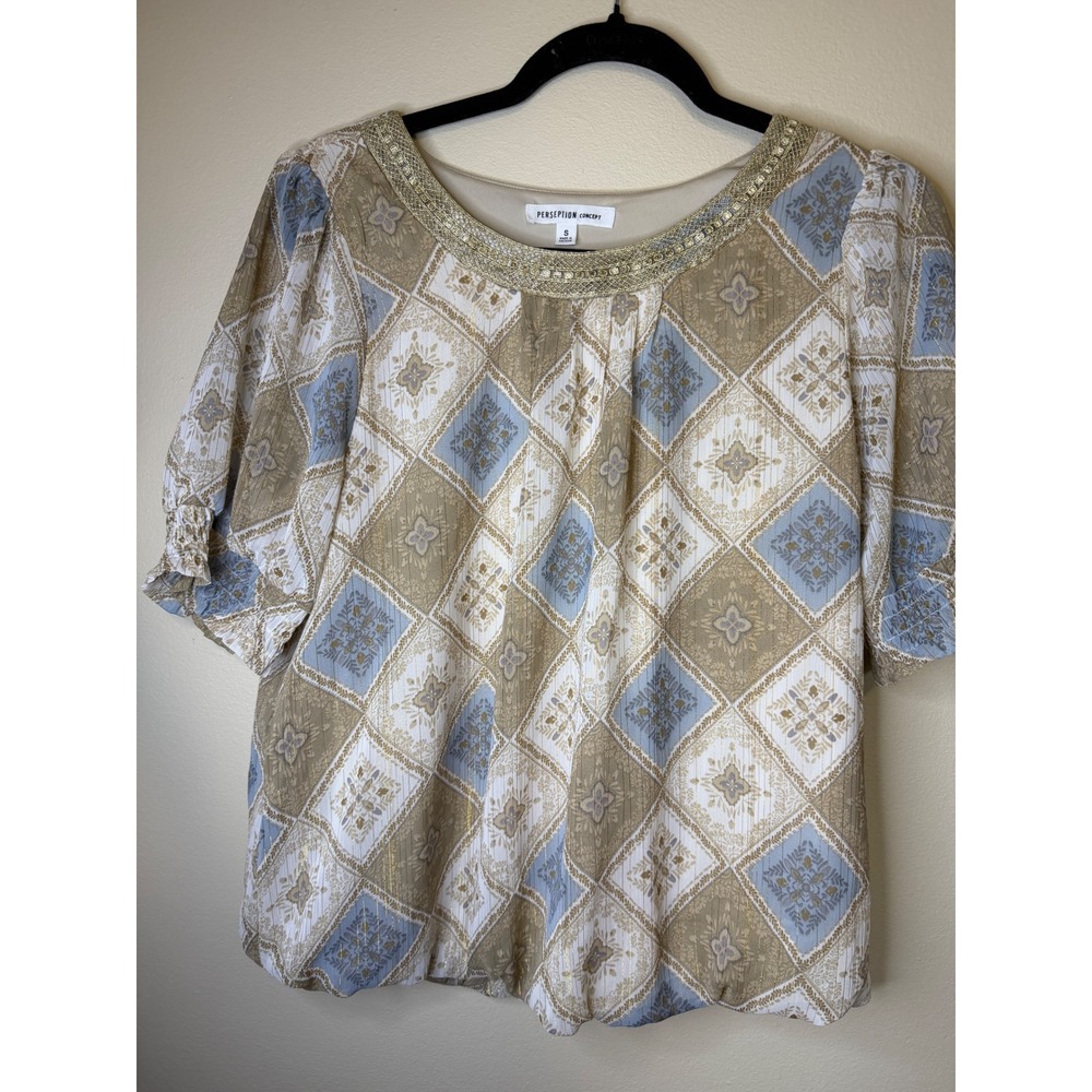 Perception Concept Womens Gold Trim Diamond Print Lurex Blouse Small Blue Tan